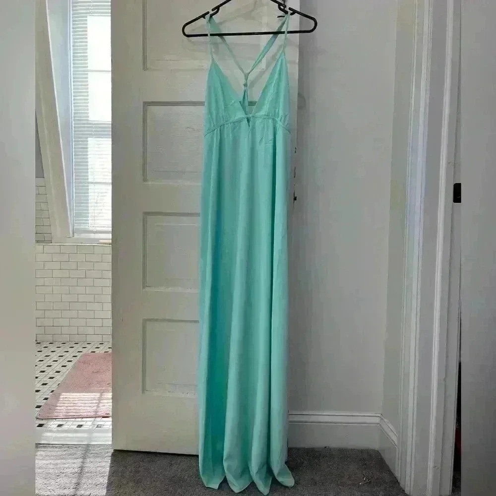 Sabo Skirt Maxi Dress Women XS Mint Green Formal Draped T-Back V-Neck Long